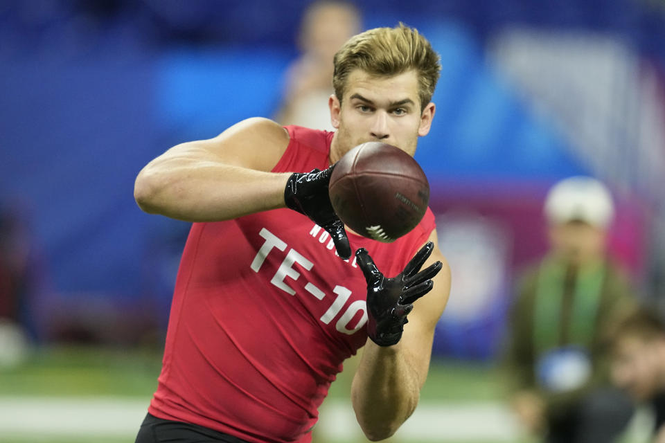 FILE - Notre Dame tight end Michael Mayer runs a drill at the NFL football scouting combine in Indianapolis, Saturday, March 4, 2023. This year’s draft class features an abundance of tight ends, and some are even calling it better than the bumper crop of 2017. “The tight end group is the best I’ve seen in the last 10 years,” NFL Network analyst Daniel Jeremiah proclaimed.(AP Photo/Darron Cummings, File)