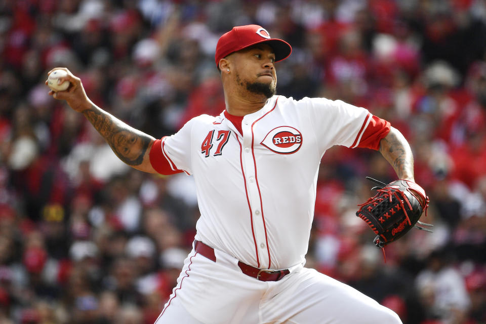 Cincinnati Reds starting pitcher Frankie Montas (47) throws during the first inning of an opening day baseball game against the Washington Nationals in Cincinnati, Thursday, March 28, 2024. (AP Photo/Timothy D. Easley)