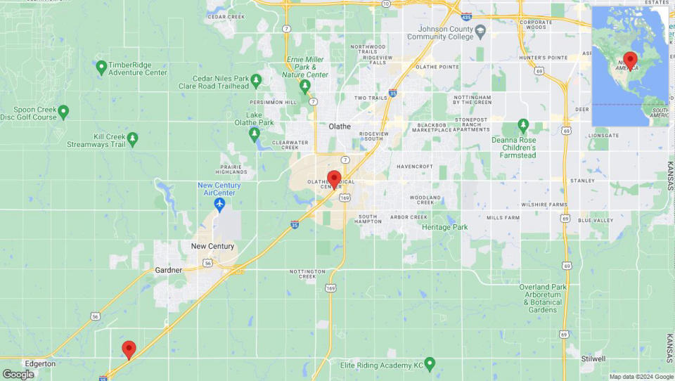 A detailed map that shows the affected road due to 'Drivers cautioned as heavy rain triggers traffic concerns on westbound I-35 in Olathe' on June 28th at 10:03 p.m.