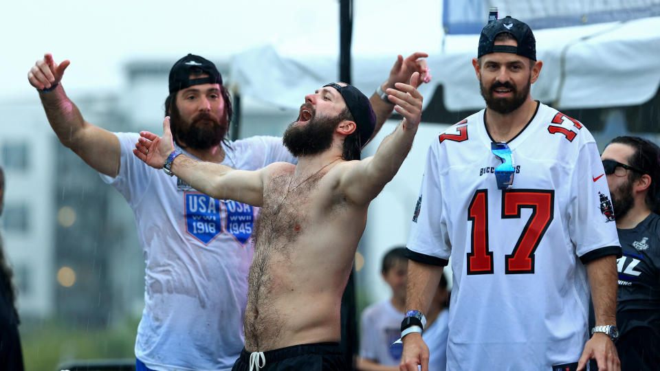 Nikita Kucherov, centre, Alex Killorn, right, and Pat Maroon of the Tampa Bay Lightning celebrate during the Stanley Cup victory rally. (Photo by Mike Ehrmann/Getty Images)