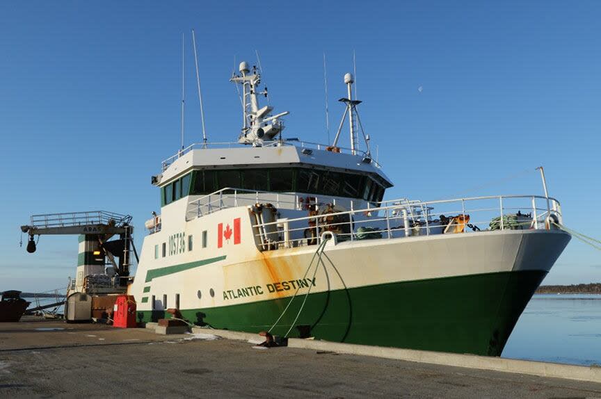 All 31 people on board the factory freezer trawler Atlantic Destiny were rescued before it sank about 220 km off the coast of Yarmouth, N.S, 2021. The loss of the  43-metre-long scallop vessel has been a blow to owner Ocean Choice International of Newfoundland.