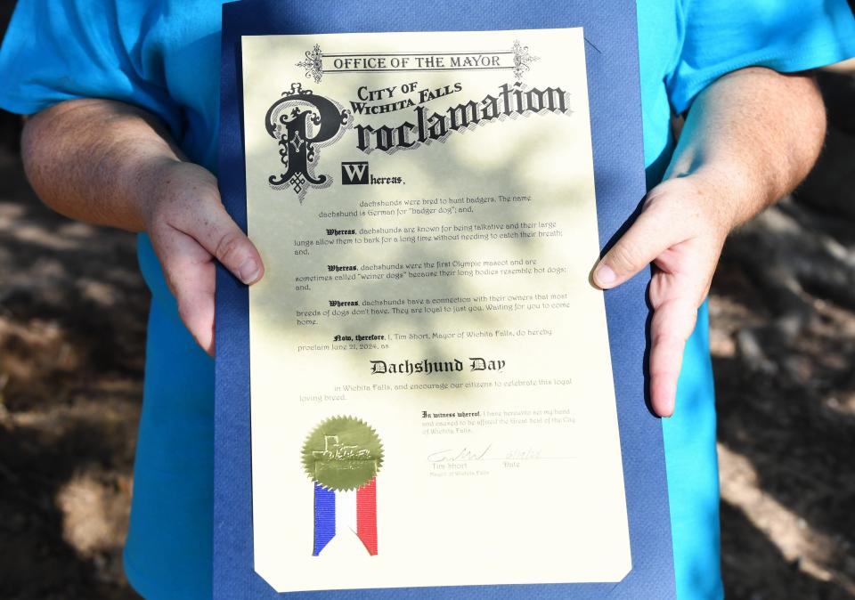 A Dachshund Day proclamation was read during the first annual Wienerfest at the Wichita Falls dog park on Friday, June 21, 2024.