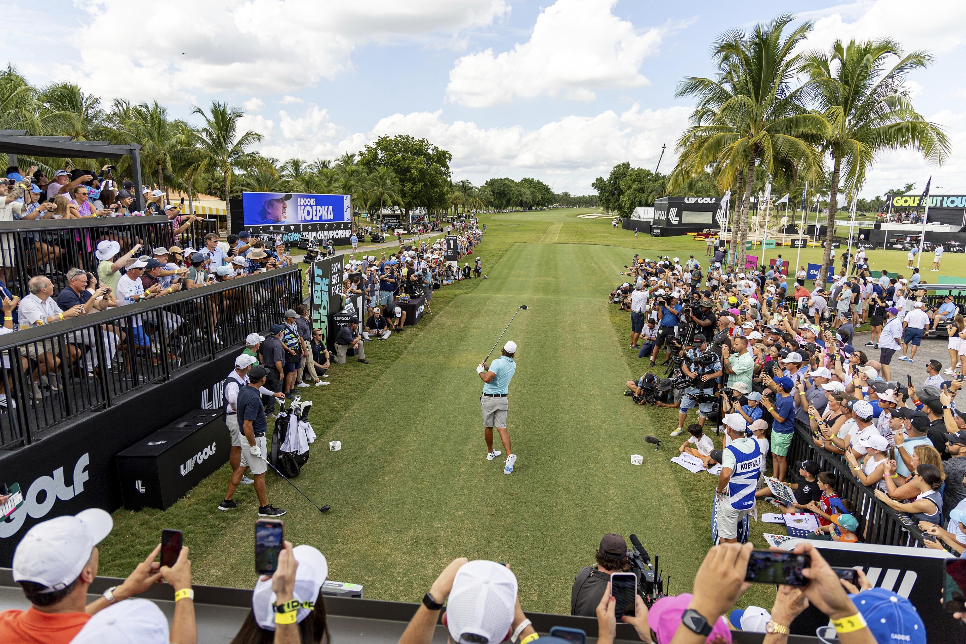 Captain Brooks Koepka of Smash GC hits his shot from the first tee during the quarterfinals of the LIV Golf Team Championship Miami at the Trump National Doral on Friday, October 20, 2023 in Miami, Florida. (Photo by Scott Taetsch/LIV Golf via AP)