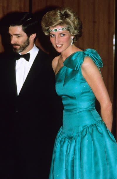 PHOTO: FILE - Diana, Princess of Wales, wearing a green satin evening dress designed by David and Elizabeth Emanuel and an emerald necklace as a headband, attend a gala dinner dance at the Southern Cross Hotel, Oct. 31, 1985 in Melbourne, Australia. (Anwar Hussein/Getty Images, FILE)