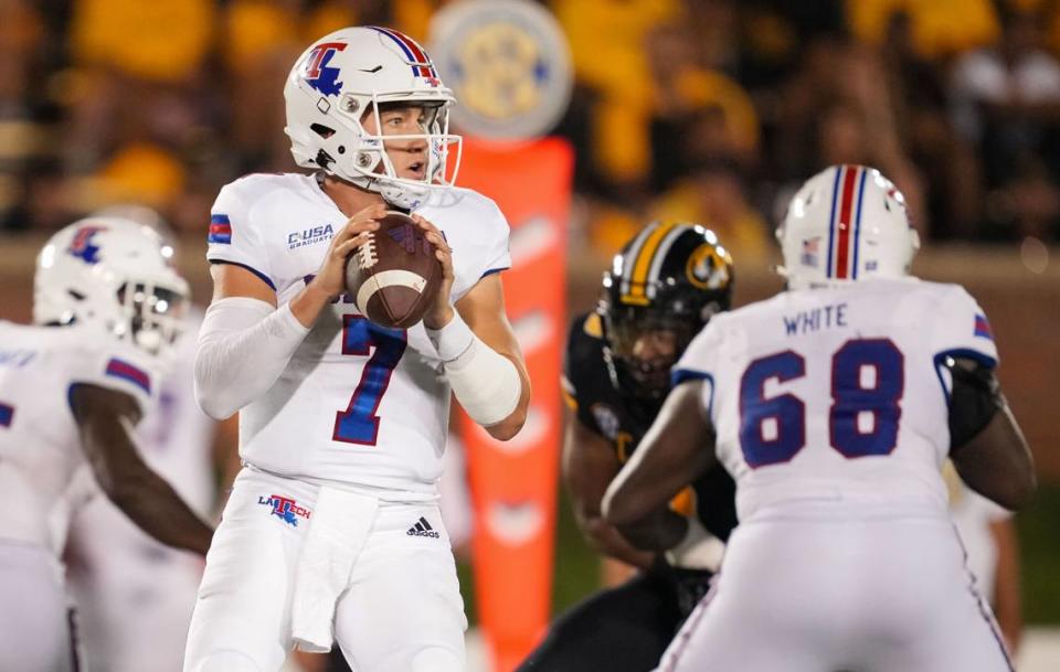 Louisiana Tech Bulldogs quarterback Matthew Downing (7) drops back to pass against the Missouri Tigers during the second half at Faurot Field at Memorial Stadium.