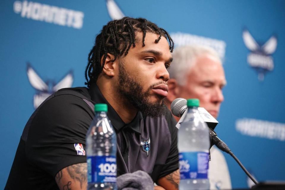 Hornets forward Miles Bridges answers media questions regarding his return to the Hornets after signing his qualifying offer at Spectrum Center on Tuesday, July 18, 2023.