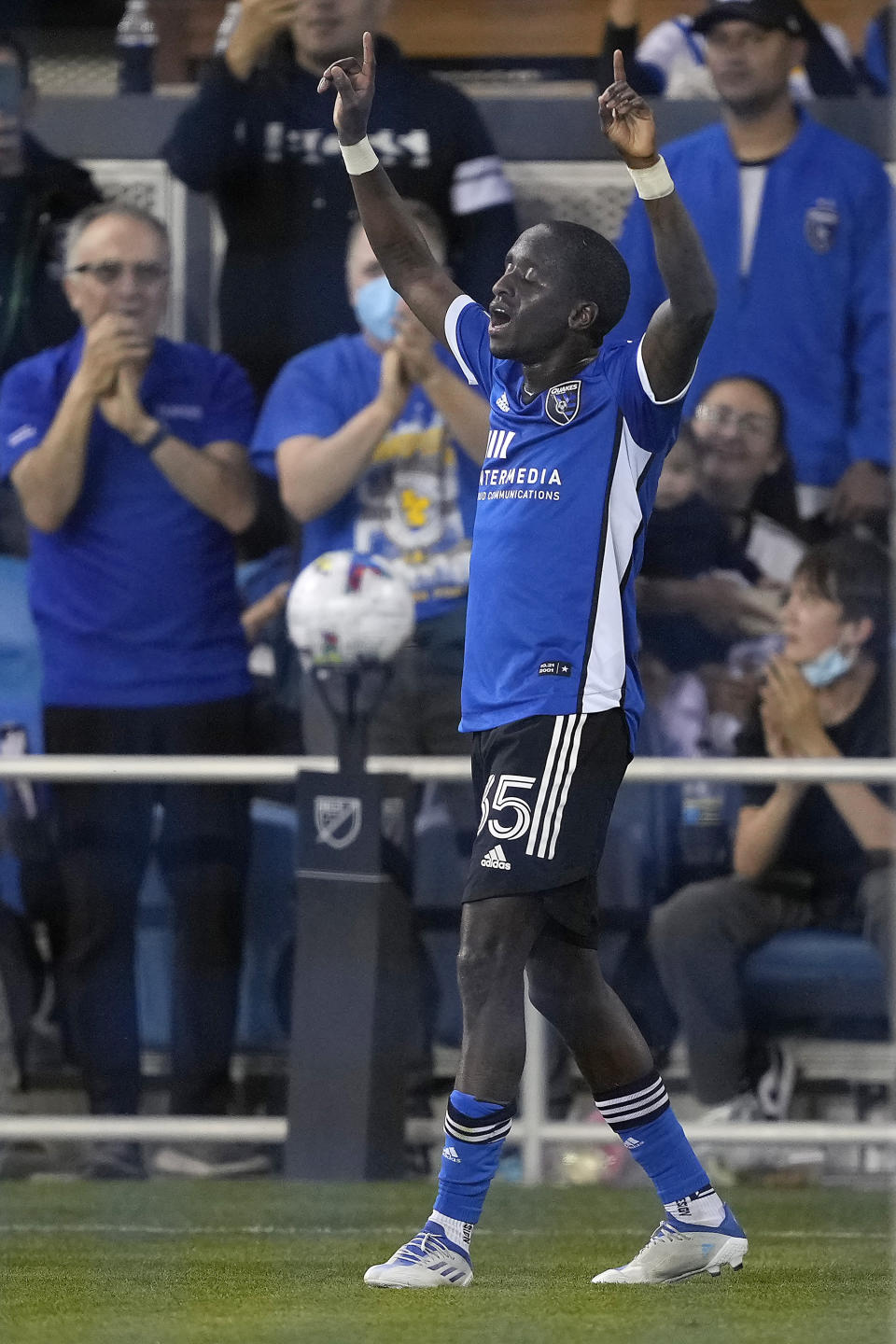 San Jose Earthquakes midfielder Jamiro Monteiro (35) points to the sky after scoring a goal against the Portland Timbers during the first half of an MLS soccer match in San Jose, Calif., Wednesday, May 18, 2022. (AP Photo/Tony Avelar)