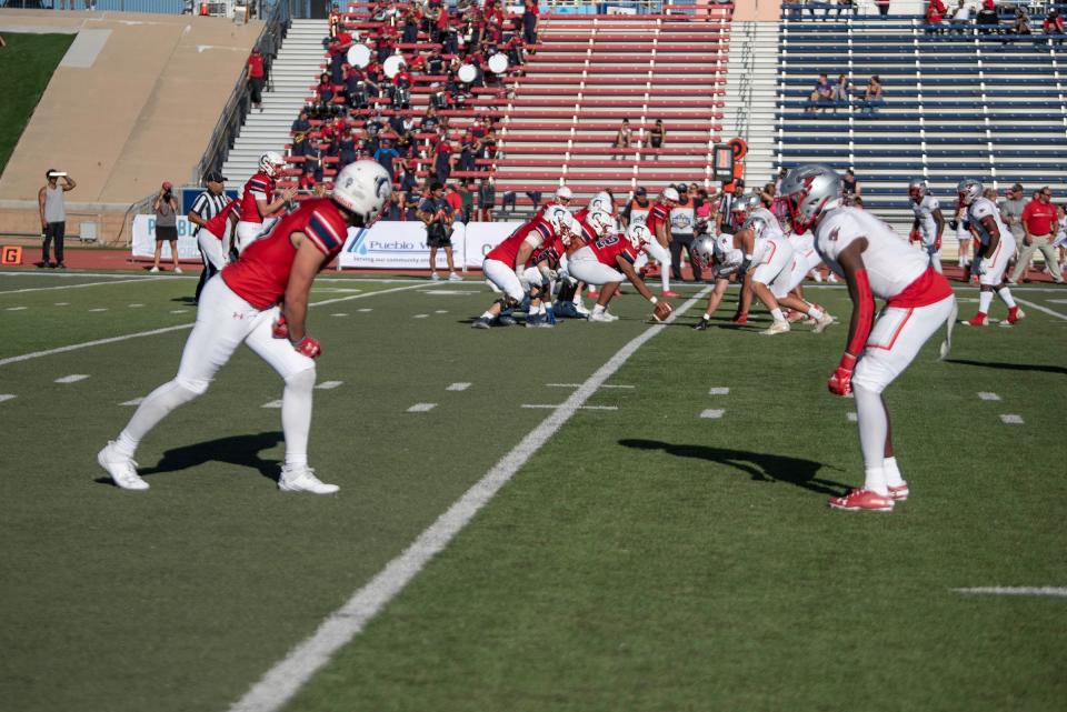 The Colorado State University Pueblo football offense line up against the Western Colorado defense during a game at the ThunderBowl on Saturday, September 16, 2023.