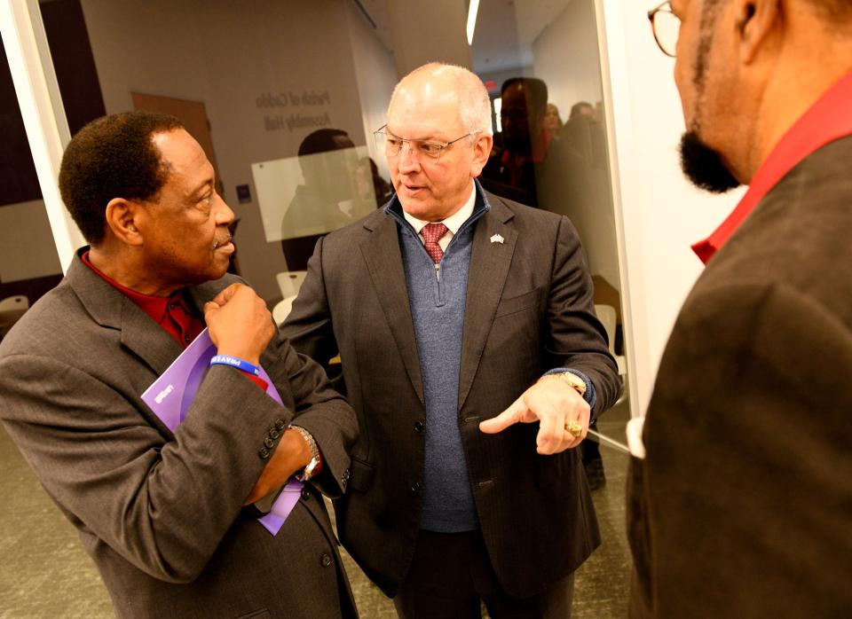 Louisiana Governor John Bel Edwards, center, talks to Senator-elect Sam Jenkins, left, during the grand opening ceremony for the building of the Center for Medical Education of LSU Health Shreveport Monday morning, December 11, 2023.