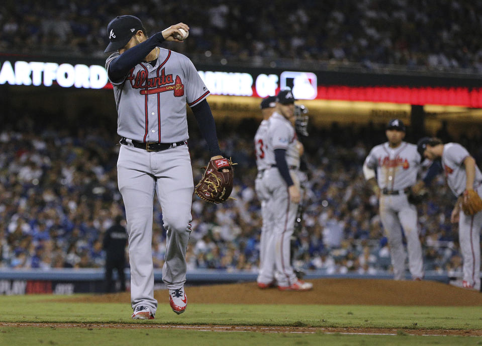 Atlanta Braves starting pitcher Anibal Sanchez is pulled in the fifth inning of Game 2 of a baseball National League Division Series against the Los Angeles Dodgers, Friday, Oct. 5, 2018, in Los Angeles. The Dodgers won, 3-0. (Curtis Compton/Atlanta Journal Constitution via AP)