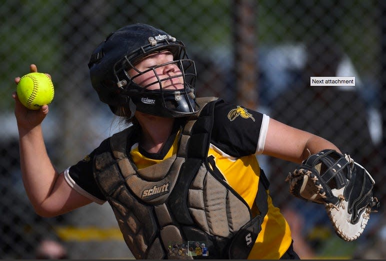 Copan High School catcher Zoey Secondine prepares to throw the softball during home action in late August 2023.