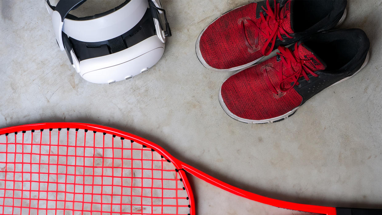  A Meta Quest 3 alongside a red pair of sneakers and an AI-generated tennis racket. 