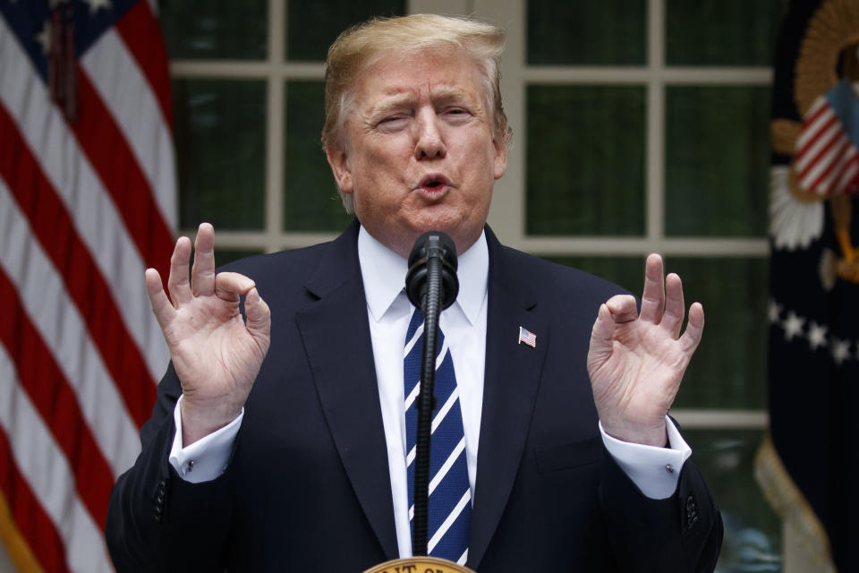 President Donald Trump delivers a statement in the Rose Garden of the White House, Wednesday, May 22, 2019, in Washington. (AP Photo/Evan Vucci)