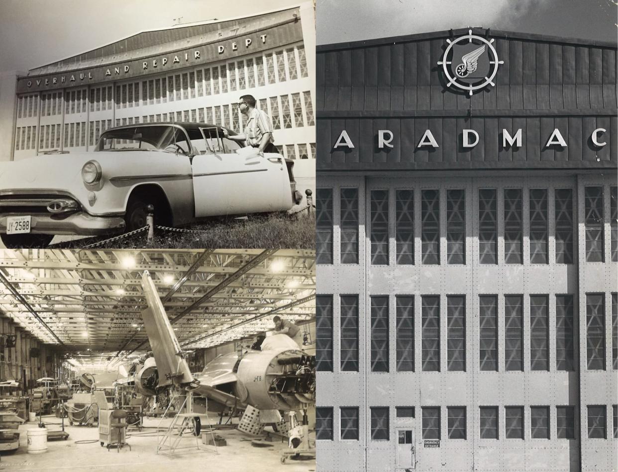 TOP LEFT: Ray H. Bostick, personnel assistant at the Navy's Overhaul and Repair Department, was the last employee discharged from the facillity on June 30, 1959. BOTTOM LEFT: The O&R facillities were beginning the shut down process in the spring of 1959. RIGHT: The old O&R facillities became the Army Aeronautical Depot Maintenance Center, or ARADMAC, in 1961.