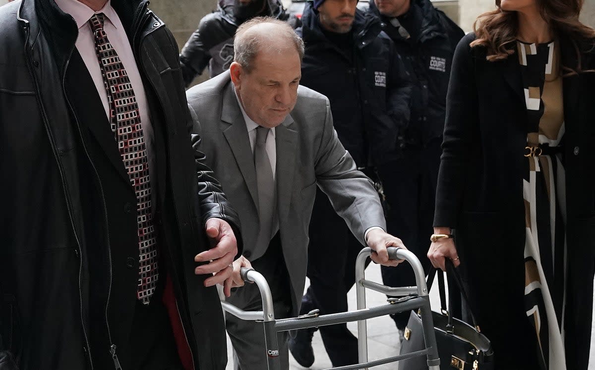 Harvey Weinstein, pictured walking into the Manhattan criminal court in 2020 ahead of his conviction, still faces a 16-year sentence in California (AFP via Getty Images)