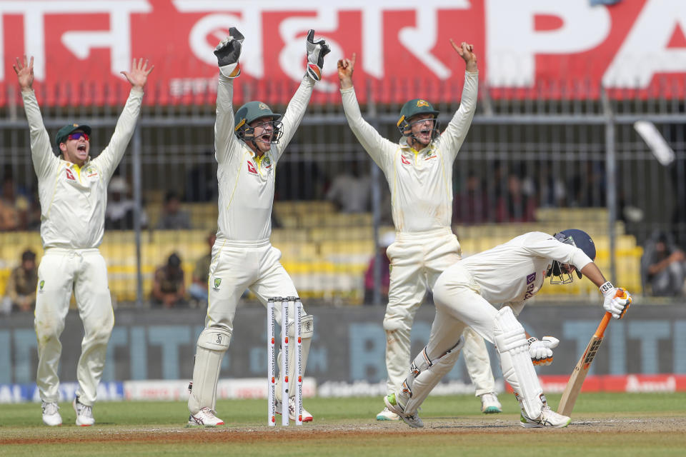 Australian players appeal successfully for LBW against India's Ravindra Jadeja, right, during the second day of third cricket test match between India and Australia in Indore, India, Thursday, March 2, 2023. (AP Photo/Surjeet Yadav)