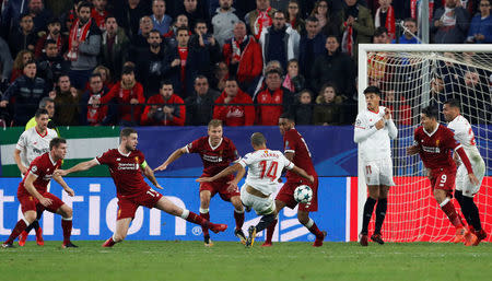 Soccer Football - Champions League - Sevilla vs Liverpool - Ramon Sanchez Pizjuan, Seville, Spain - November 21, 2017 Sevilla’s Guido Pizarro scores their third goal Action Images via Reuters/Matthew Childs