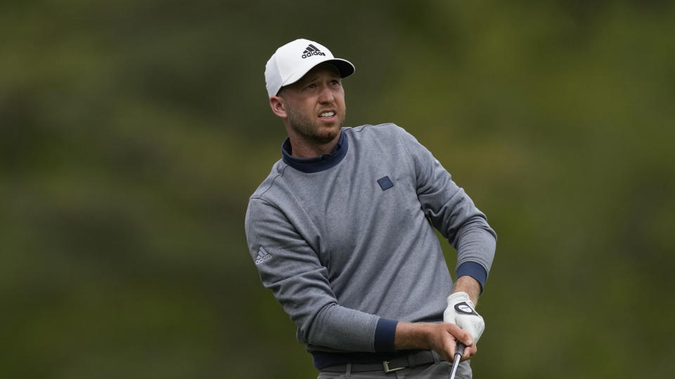 Daniel Berger watches his tee shot on the 12th tee during the second round at the Masters PGA golf tournament on Friday, April 8, 2022, in Augusta, Ga. (AP Photo/Matt Slocum)