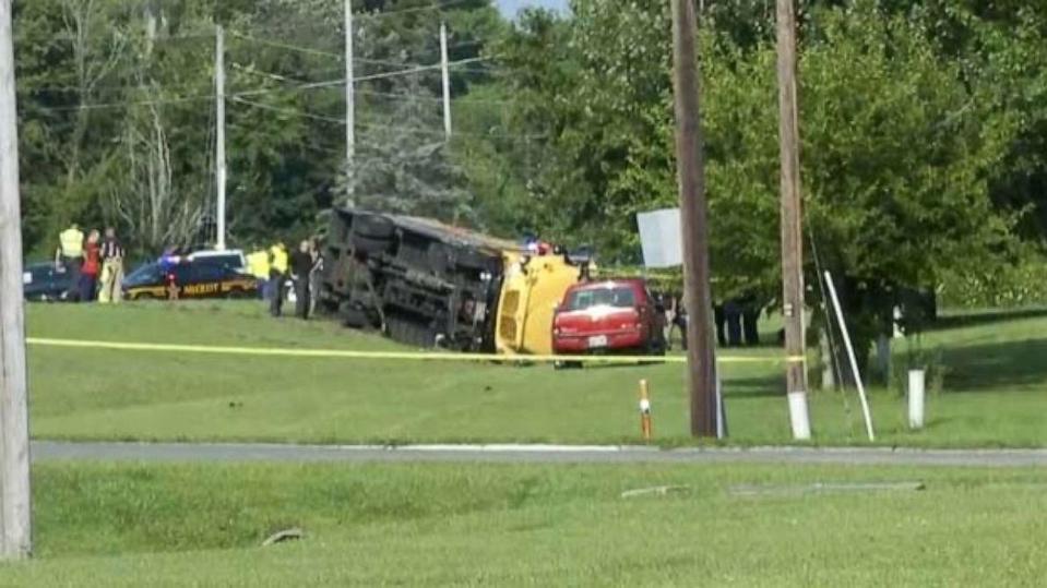 PHOTO: Law enforcement officials work at the scene of a school bus crash in Clark County, Ohio, on Aug. 22, 2023. (WKEF)