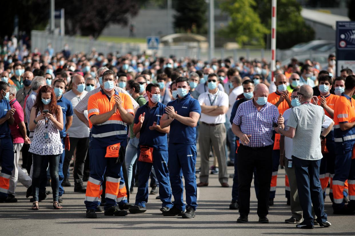 MADRID, SPAIN - JULY 14: Airbus workers gather in front of the headquarters of the aeronautical manufacturer in protest of the more than 1,600 layoffs that the company intends to undertake in Spain in the coming months on July 14, 2020 in Madrid, Spain. This is the first of the mobilizations that Airbus workers are planning to carry out.  (Photo by Eduardo Parra/Europa Press via Getty Images)