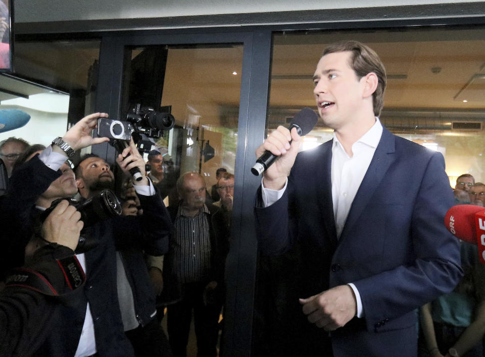 Austrian Chancellor Sebastian Kurz speaks to his supporters at the political headquarters of Austrian People's Party, OEVP, in Vienna, Austria, Monday, May 27, 2019. Chancellor Sebastian Kurz's center-right party recorded a big win, but he was ousted Monday following the collapse of his scandal-tainted coalition. (AP Photo/Ronald Zak)