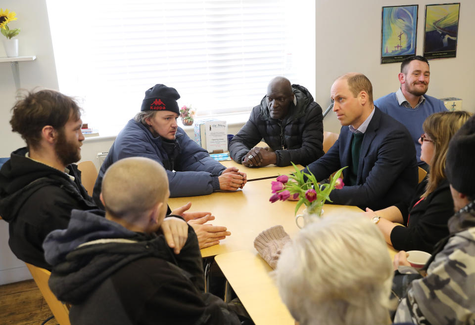 The Duke of Cambridge (right) during a visit to the Beacon Project, a day centre which gives support to the homeless, excluded and marginalized in Mansfield, Nottinghamshire.