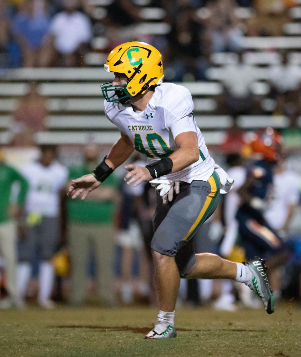 Turner Mclaughlin (40) follows the play during the Pensacola Catholic vs Escambia football game at Escambia High School in Pensacola on Friday, Sept. 1, 2023.