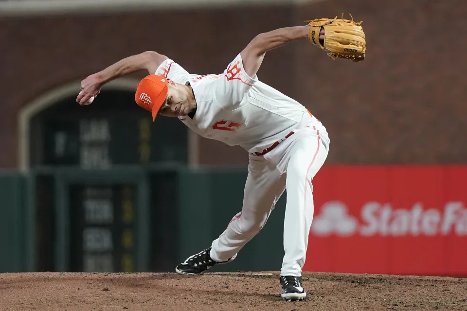 San Francisco Giants' Tyler Rogers pitches against the Philadelphia Phillies during the seventh inning of a baseball game in San Francisco, Tuesday, May 16, 2023. (AP Photo/Jeff Chiu)