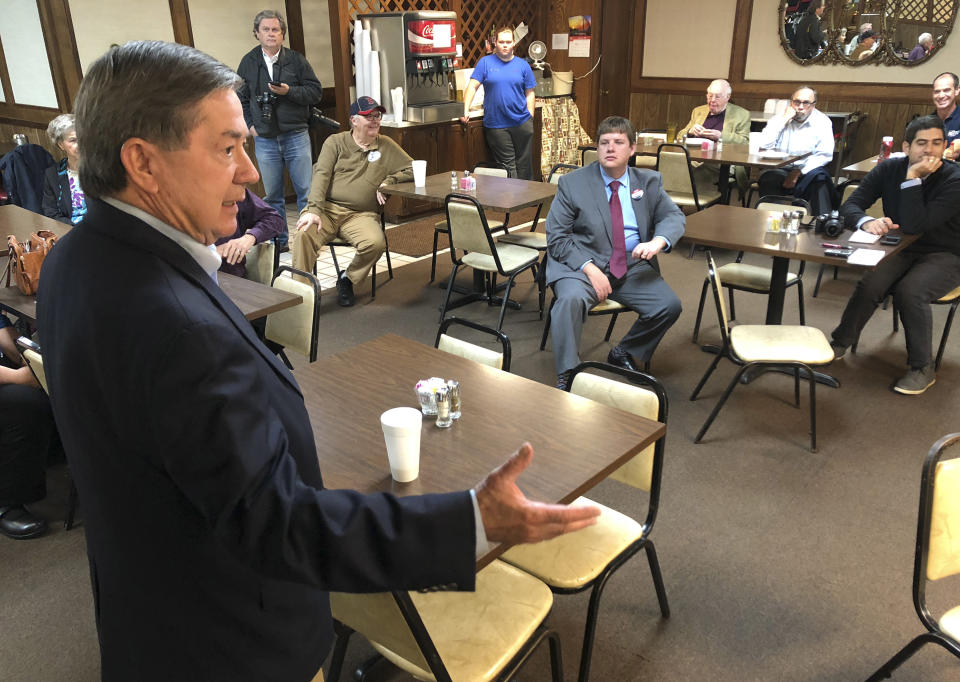 In this Oct. 25, 2018, photo, Drew Edmondson, the Democratic nominee for Oklahoma governor, speaks at JD's Diner in Ada, Okla. Edmondson is hoping to break the GOP's stranglehold on state government in Oklahoma with a win over Republican Kevin Stitt in the race to replace term-limited GOP Gov. Mary Fallin. (AP Photo/Sean Murphy)