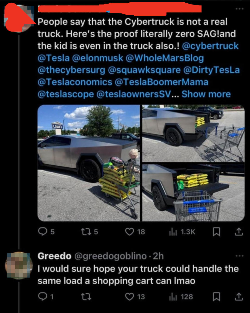 A Twitter post shows Merle Somero claiming the Cybertruck is real with a photo of a Cybertruck carrying large packages. Greedo (@greedogoblino) tweets a humorous reply