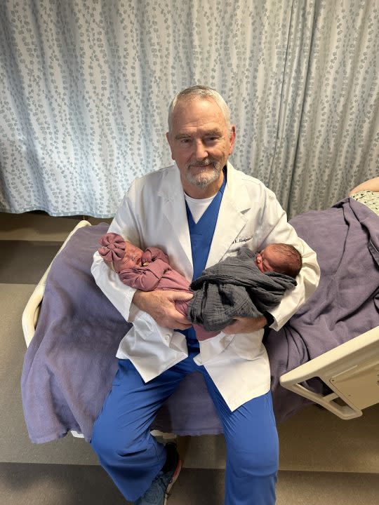 Dr. David Hodgson holding the two Leap Day babies born at the Washington County Hospital in 2024.