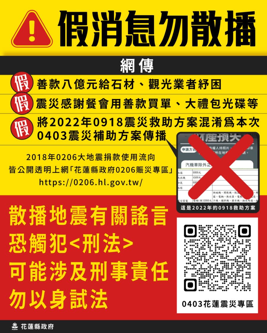 網路謠言不斷 花蓮縣府鄭重澄清：勿在災民傷口灑鹽 219