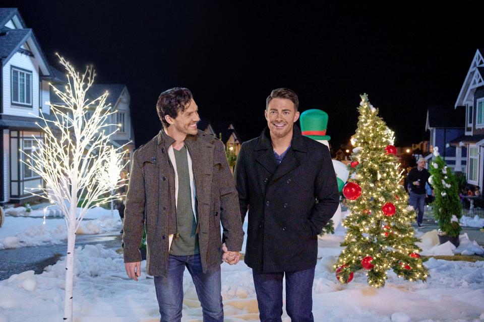 George Krissa, left, and Jonathan Bennett star in Hallmark's first holiday movie with a leading gay couple, "The Holiday Sitter."