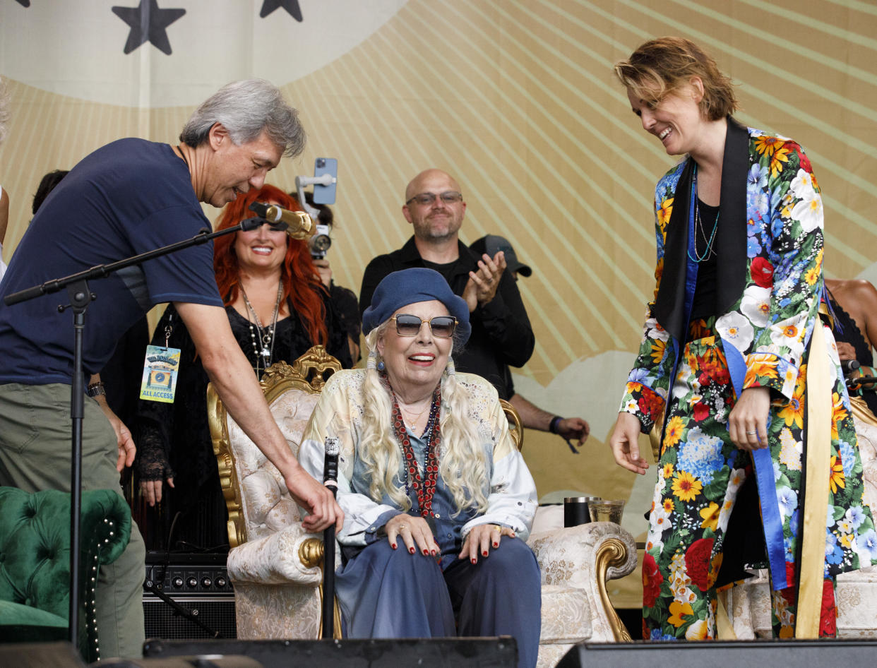 Newport, RI - July 24: Brandi Carlile introduces Joni Mitchell for a special Joni Jam at the 2022 Newport Folk Festival at Fort Adams State Park on July 24, 2022. (Photo by Carlin Stiehl for The Boston Globe via Getty Images)