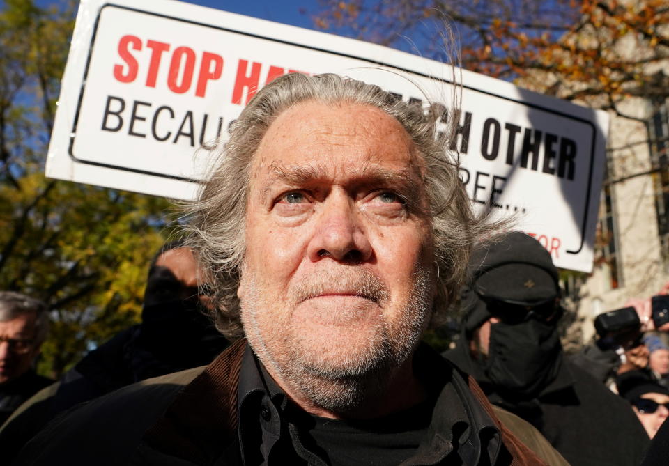 Steve Bannon leaves U.S. District Court after being indicted for refusal to comply with a congressional subpoena over the Jan. 6 attack.