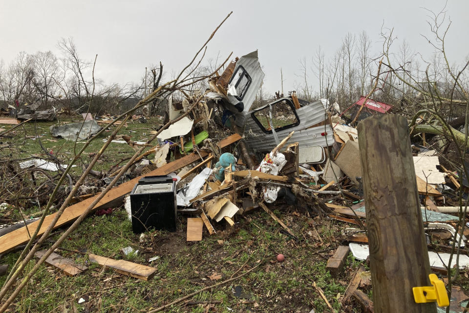 FILE - The remains of a mobile home that was torn apart by a tornado cover the ground in Glen Allen, Mo., on Wednesday, April 5, 2023. Five people who were either in the mobile home or in a camper parked next to it died in the tornado, the Missouri State Highway Patrol said Thursday, April 6. (AP Photo/Jim Salter, File)