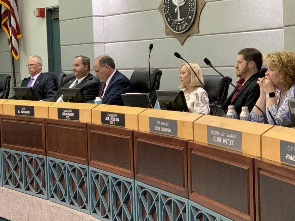 Ormond Beach city commissioners listen during a meeting on May 18, 2021. Pictured, left to right: Dwight Selby, Troy Kent, Mayor Bill Partington, Susan Persis, Rob Littleton and City Manager Joyce Shanahan.