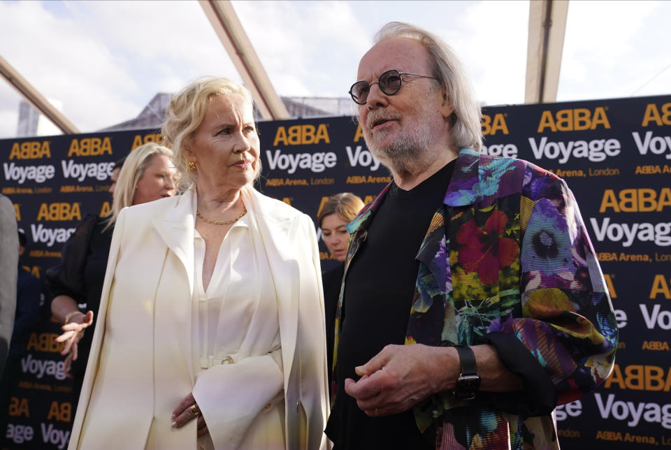 Members of ABBA, Agnetha Faltskog and Benny Andersson arrive for the ABBA Voyage concert at the ABBA Arena in London, Thursday May 26, 2022. ABBA is releasing its first new music in four decades, along with a concert performance that will see the "Dancing Queen" quartet going entirely digital. The virtual version of the band will begin a series of concerts on Thursday. (AP Photo/Alberto Pezzali)