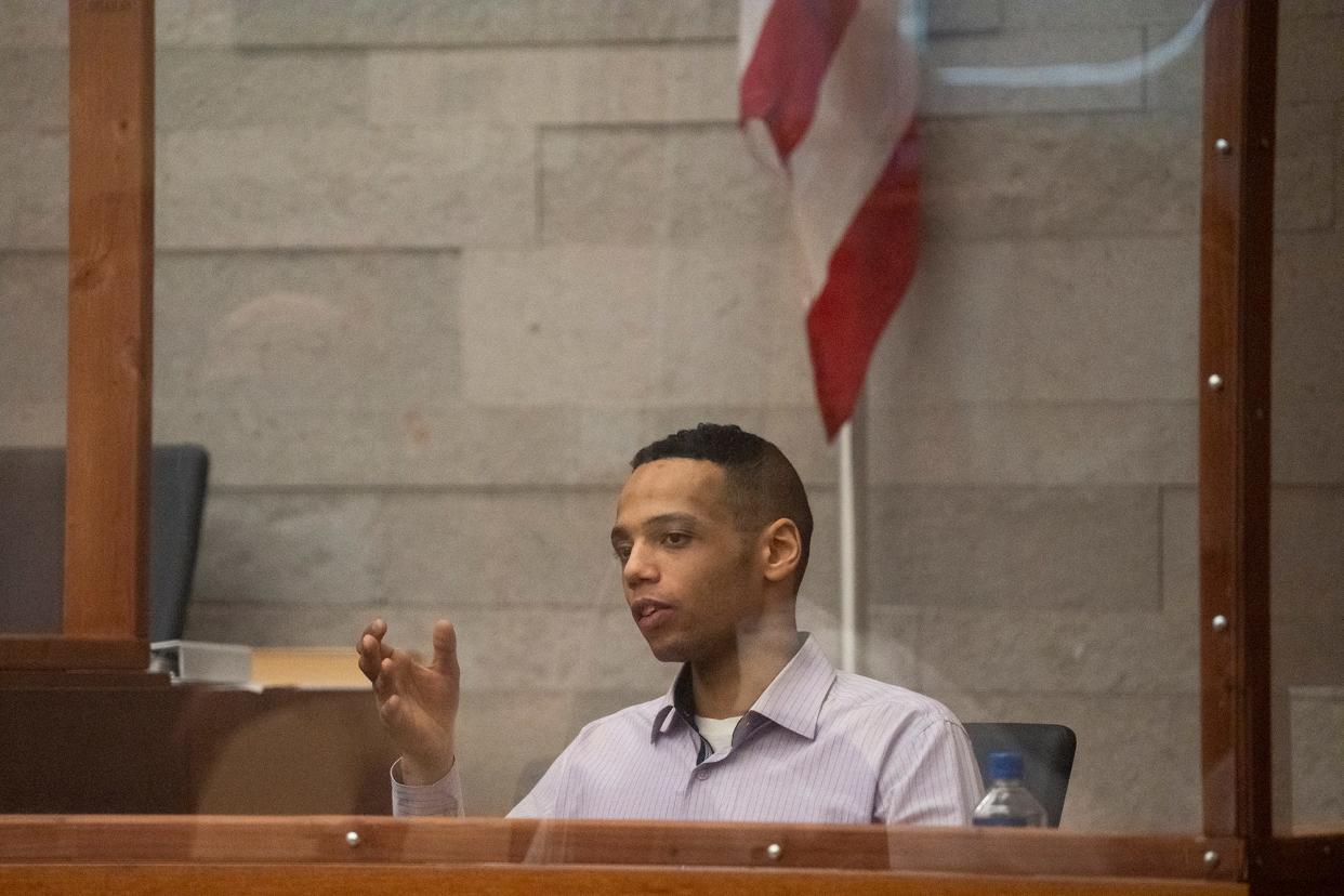Elias Smith, 26, a former Marine, testifies on his own behalf last week during cross-examination by Franklin County Assistant Prosecutor David Zeyen. A jury on Monday found Smith guilty of two counts of murder. and one count of unlawfully discharging a firearm. He faces a mandatory life sentence in prison.