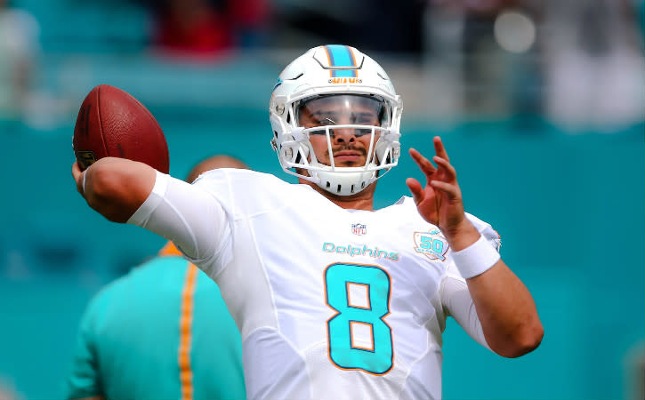 Oct 25, 2015; Miami Gardens, FL, USA; Miami Dolphins quarterback Matt Moore (8) warms up prior to the game against the Houston Texans at Sun Life Stadium. Mandatory Credit: Steve Mitchell-USA TODAY Sports