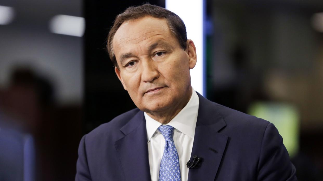 Mandatory Credit: Photo by Richard Drew/AP/REX/Shutterstock (9334570j)United Continental Holdings CEO Oscar Munoz is interviewed on the floor of the New York Stock ExchangeUnited Continental Holdings Oscar Munoz, New York, USA - 24 Jan 2018.