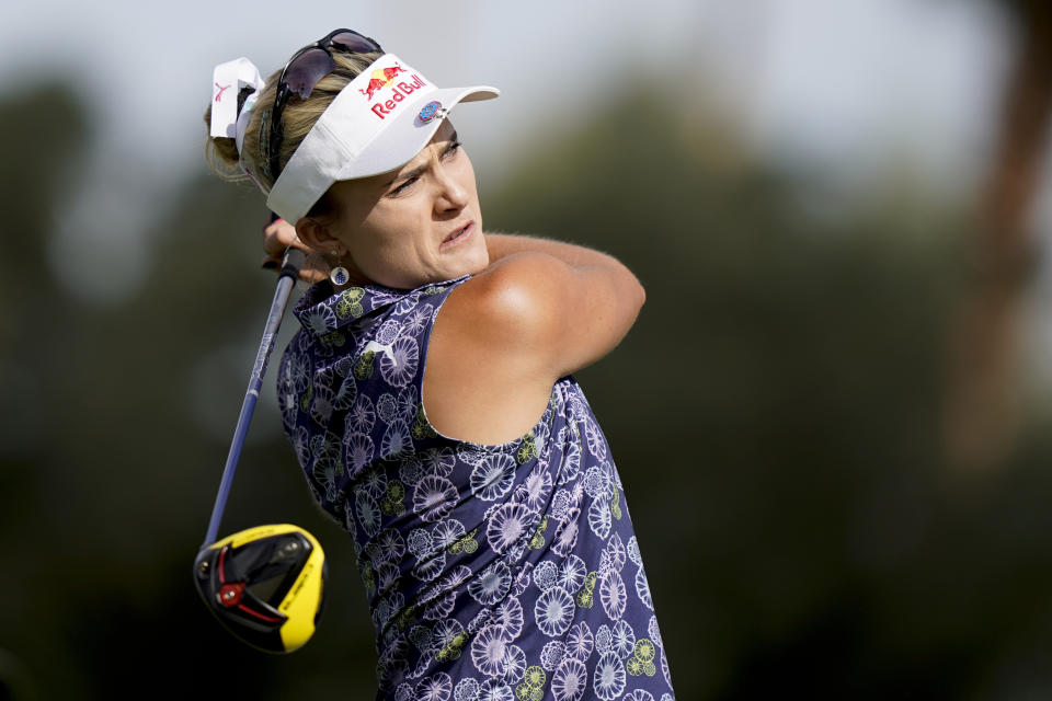 Lexi Thompson watches her drive on the third hole during the second round of the LPGA Tour ANA Inspiration golf tournament at Mission Hills Country Club on Friday, April 5, 2019, in Rancho Mirage, Calif. (AP Photo/Chris Carlson)