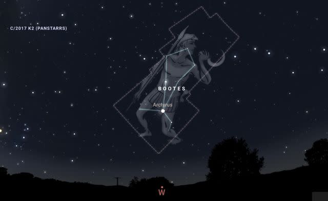 <p>Stellarium</p> Look to the western horizon a little after midnight on June 27 to spy some Bootids