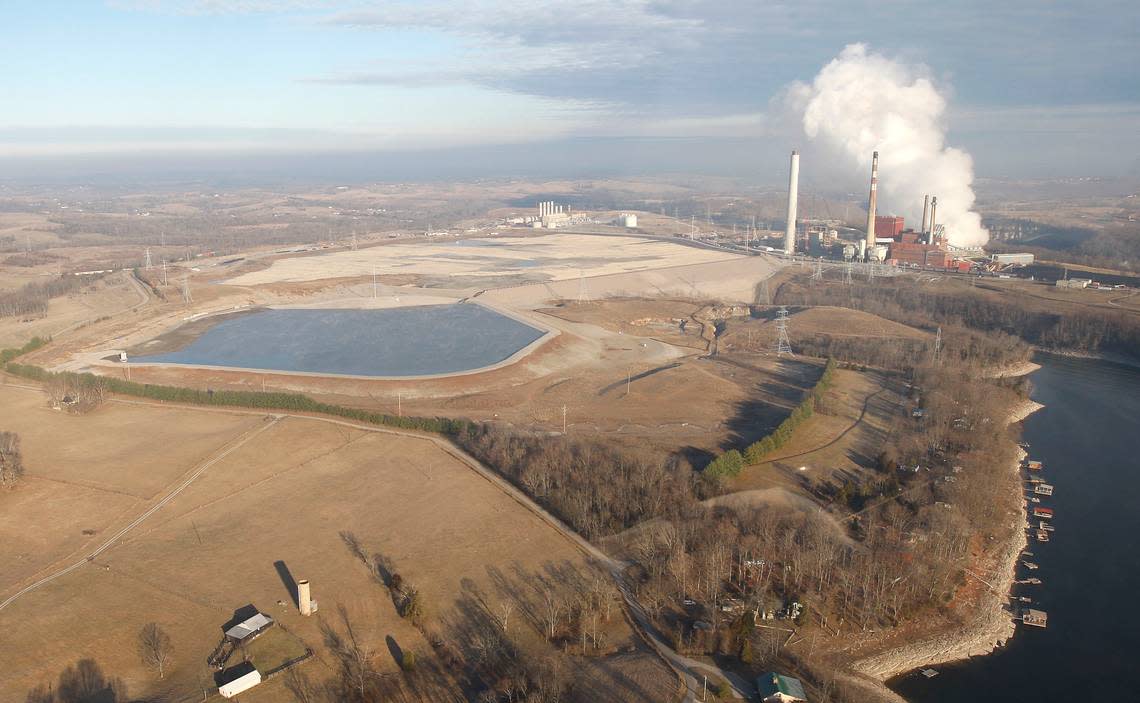 Aerial photo of a coal ash pond, on the left, at the Kentucky Utilities E.W. Brown Power Generating Station Station in Burgin from 2009.