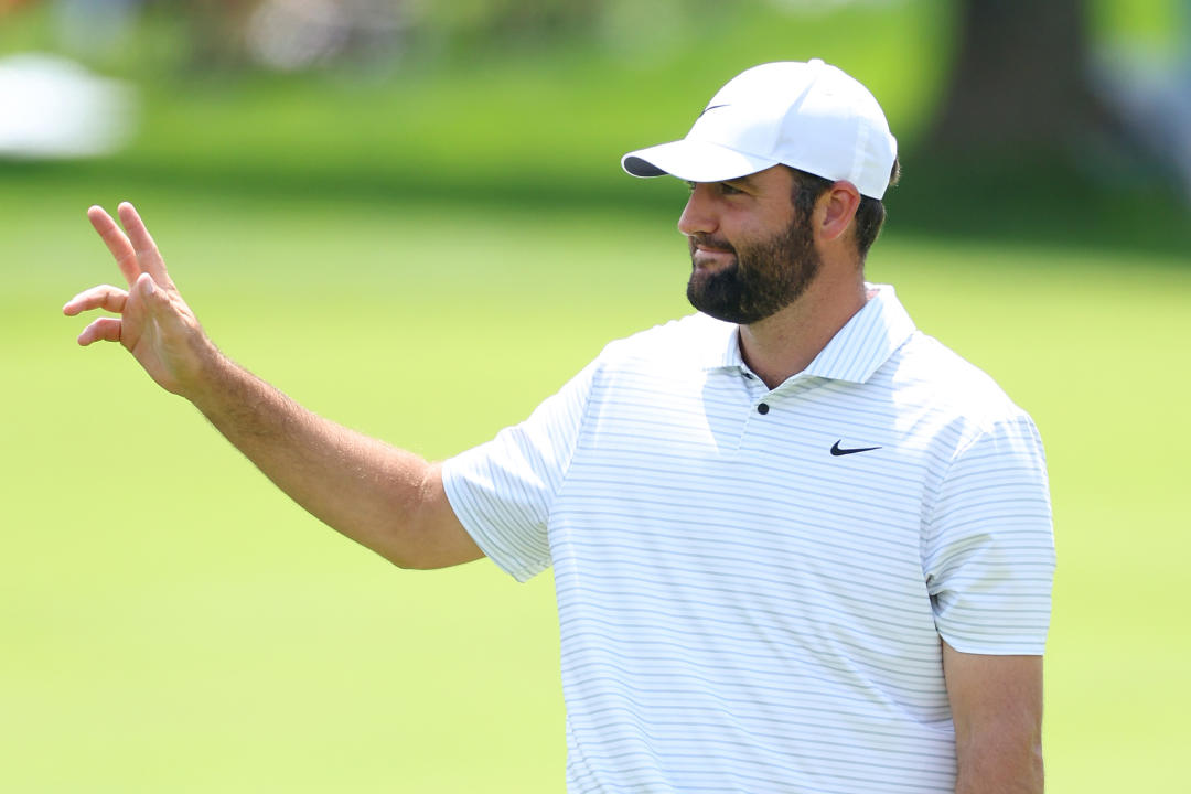 LOUISVILLE, KENTUCKY - MAY 16: Scottie Scheffler of the United States reacts after an eagle on the first hole during the first round of the 2024 PGA Championship at Valhalla Golf Club on May 16, 2024 in Louisville, Kentucky. (Photo by Andrew Redington/Getty Images)