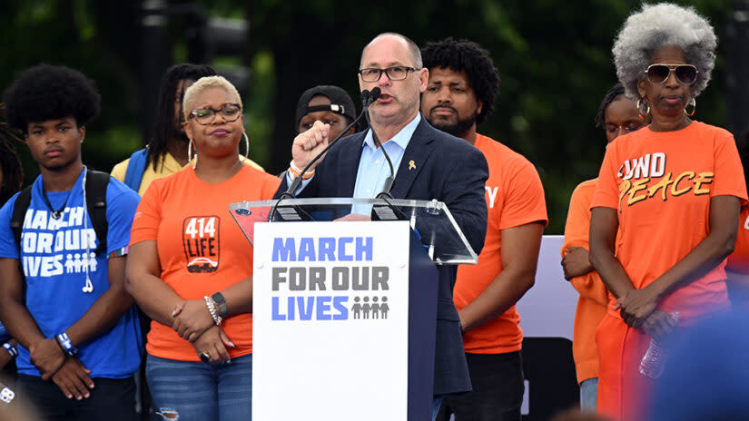 Fred Guttenberg, whose daughter Jaime was killed in the 2018 school shooting in Parkland, Florida, speaks to gun control advocates during the March for Our Lives rally in Washington, D.C., June 11, 2022. (Saul Loeb/AFP via Getty Images)