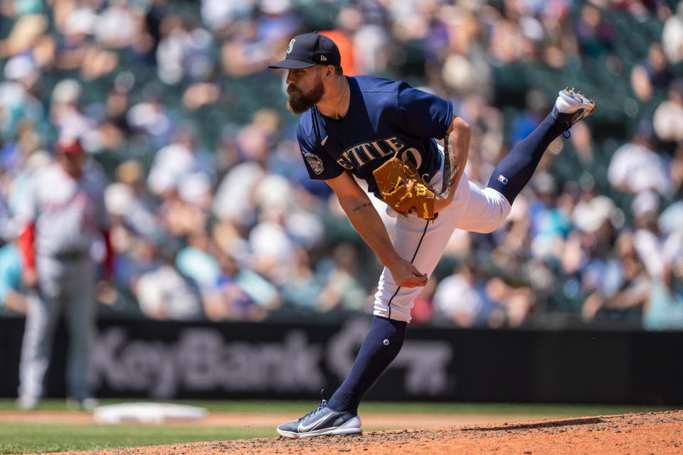 Seattle Mariners reliever Ty Adcock delivers a pitch against the Washington Nationals at T-Mobile Park on June 28, 2023 in Seattle, Washington.