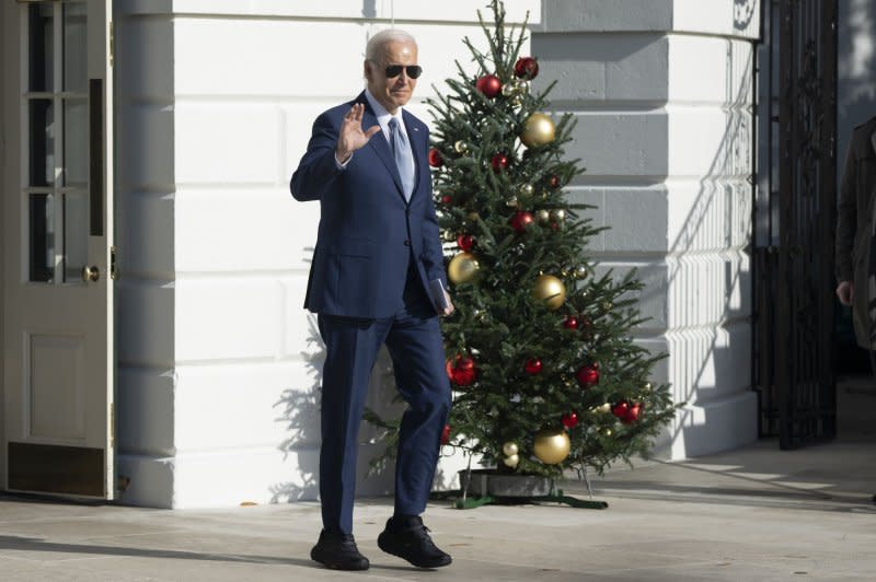President Joe Biden departs the White House in Washington, D.C., on Friday en route to Las Vegas, where he later announced $8.2 billion in new rail infrastructure investments, including $3 billion for the nation's first high-speed rail line. Photo by Chris Kleponis/UPI