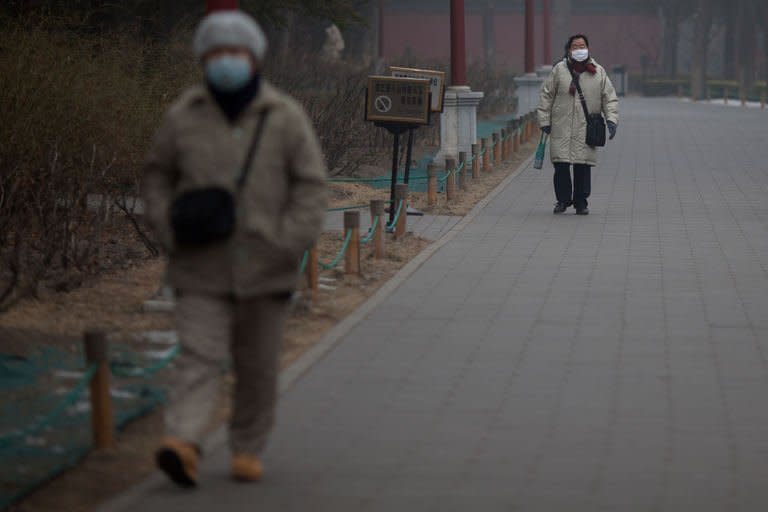 People wearing face masks walk through a park during heavily polluted weather in Beijing on January 30, 2013. Beijing authorities have stepped up their health warnings to residents as thick smog blanketed the Chinese capital and large swathes of the country for a third consecutive day