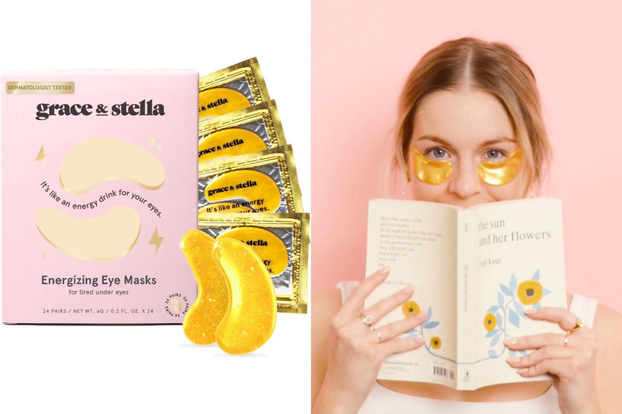 someone wearing the Amazon under eye masks, Under Eye Mask - Reduce Dark Circles, Puffy Eyes, Undereye Bags, Wrinkles - Gel Under Eye Patches, Vegan Cruelty-Free Self Care by grace and stella (24 Pairs, Gold)